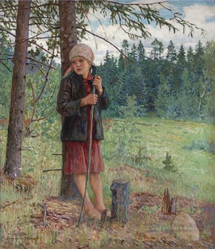ニコライ・ペトロヴィッチ・ボグダノフ・ベルスキー Painting - 森の中の少女 ニコライ・ボグダノフ・ベルスキー